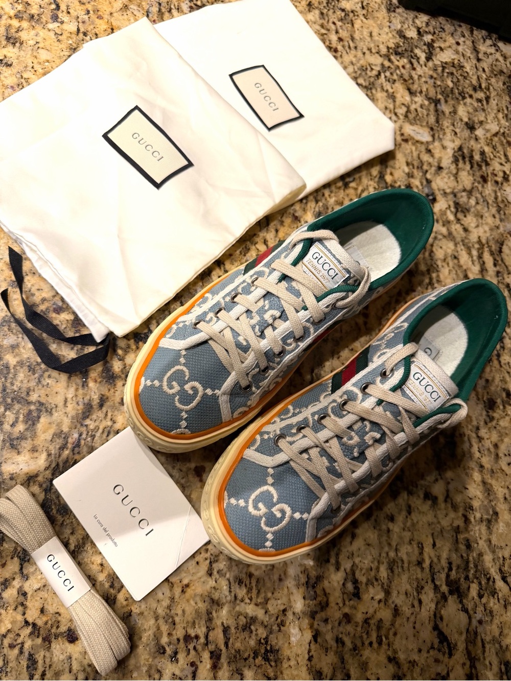 Gucci Women’s Blue GG Canvas Sneakers with Orange Trim and Green Interior - Picture 2 of 11
